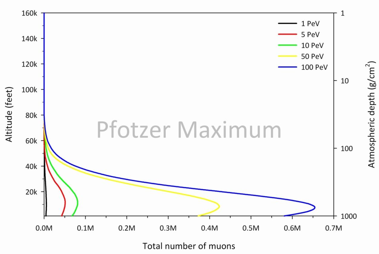 The total muon count is modeled using the Monte Carlo code CORSIKA as a function of depth for various incident proton energies in the PeV range
